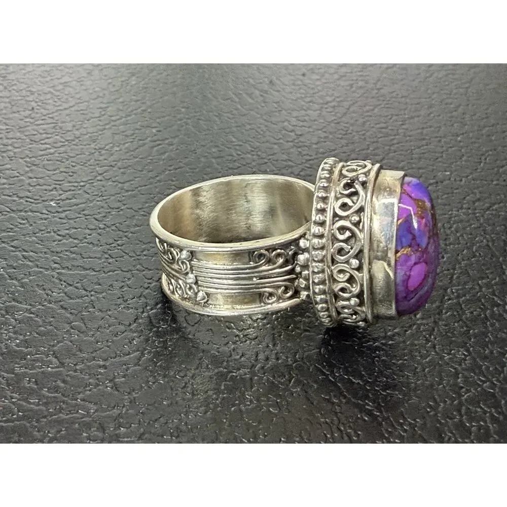 Purple Copper Turquoise Gemstone Ring 925 Sterling Silver Ring Scroll Band 8.5